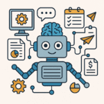 A square-shaped digital illustration featuring a futuristic robot at the center, surrounded by various icons such as graphs, clocks, emails, and gears, representing the concept of AI tools streamlining small business operations through automation and smart connectivity.