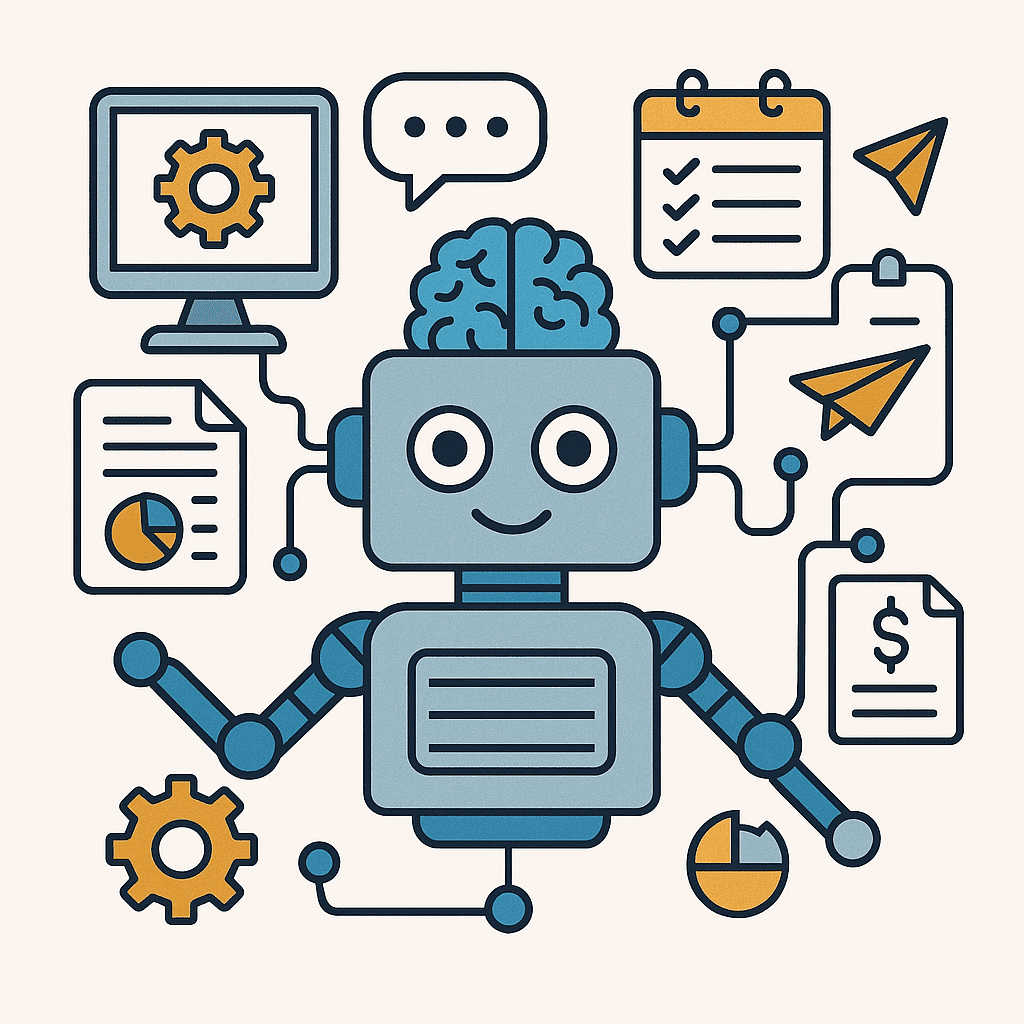 A square-shaped digital illustration featuring a futuristic robot at the center, surrounded by various icons such as graphs, clocks, emails, and gears, representing the concept of AI tools streamlining small business operations through automation and smart connectivity.