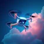 An innovative and futuristic representation of aerial computing, featuring drones and cloud networks soaring above a landscape. The image showcases a sleek, modern design with vibrant colors and a clean aesthetic. Subtle text overlay includes the blog title 'How Aerial Computing Will Change Cloud Services in the Future'. The composition is minimalist yet engaging, capturing the essence of cloud services evolving through aerial technologies