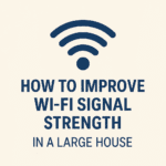 Square digital graphic showing tips to improve Wi-Fi signal strength in a large house, featuring a central blue Wi-Fi icon and simplified advice on router placement, mesh systems, and extender use, all on a light background.