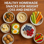 Healthy homemade snacks for weight loss and energy, including nuts, fruits, yogurt, and veggie sticks displayed on a wooden table.