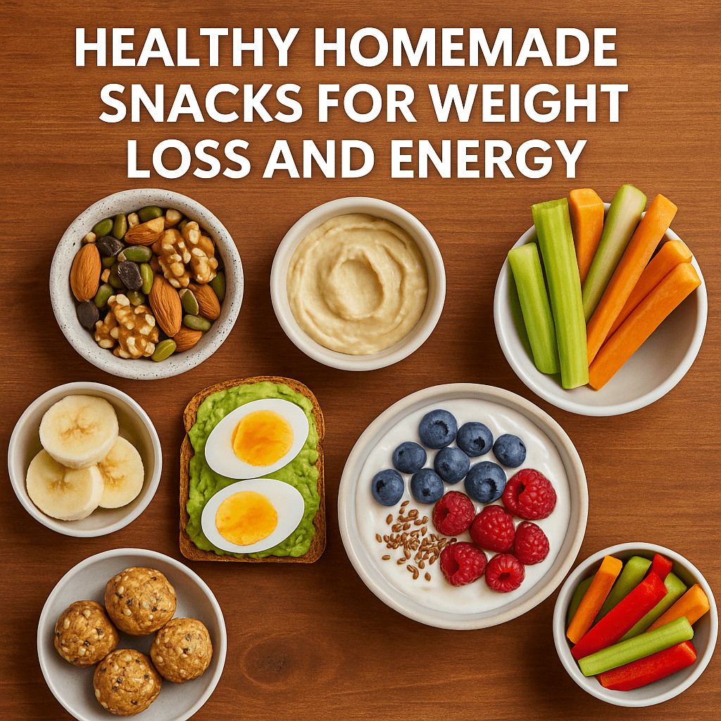 Healthy homemade snacks for weight loss and energy, including nuts, fruits, yogurt, and veggie sticks displayed on a wooden table.