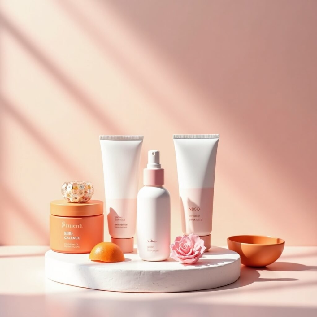 Beginner skincare routine with essential products like cleanser, toner, serum, and moisturizer displayed on a clean vanity.